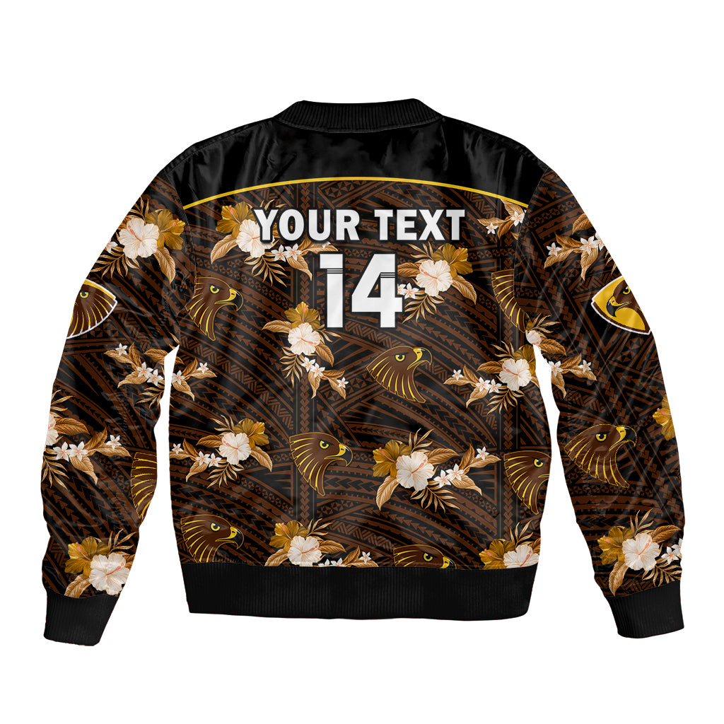 custom-text-and-number-hawthorn-football-sleeve-zip-bomber-jacket-hawks-polynesian-tribal-mix-tropical-hawaiian-style