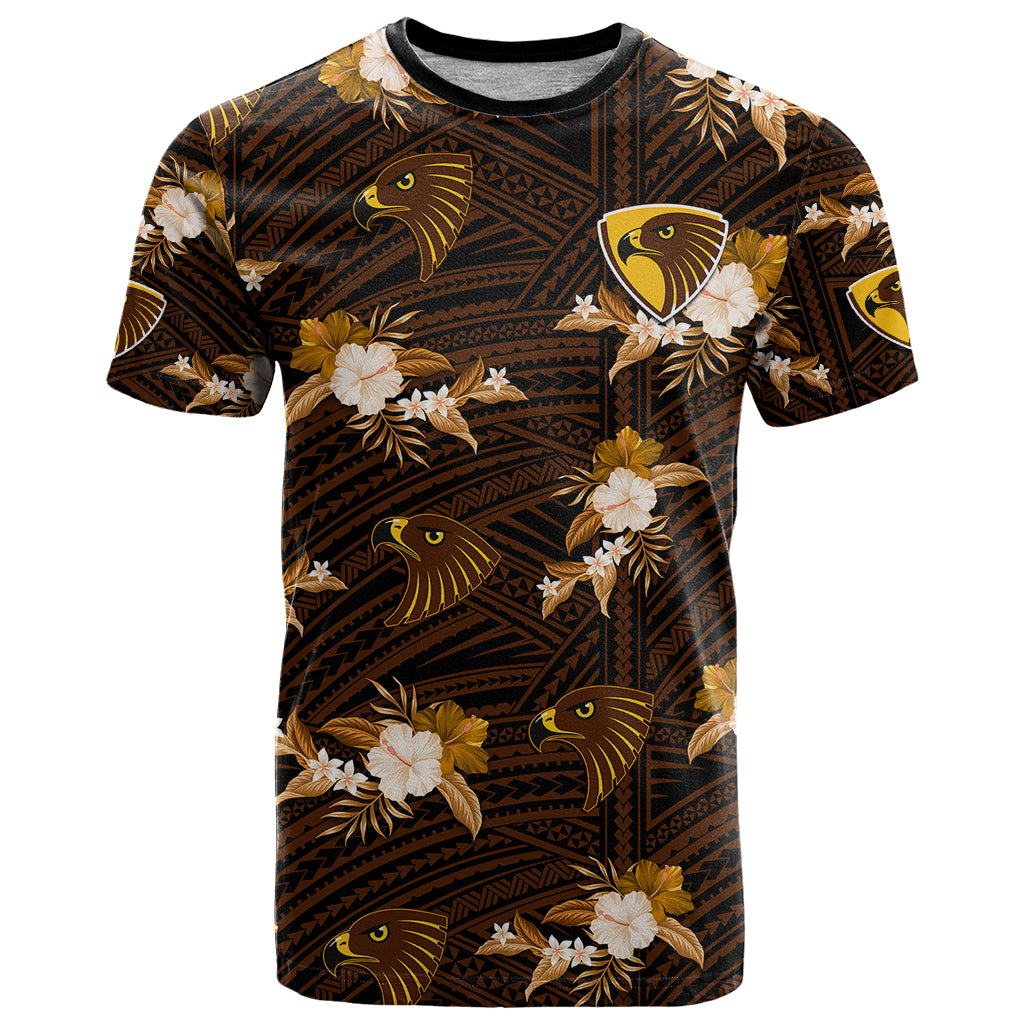 custom-text-and-number-hawthorn-football-t-shirt-hawks-polynesian-tribal-mix-tropical-hawaiian-style