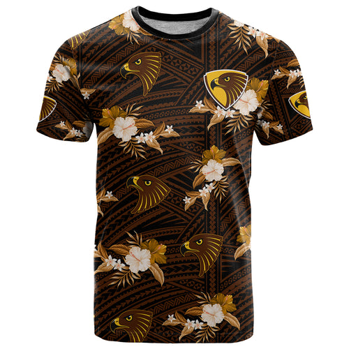 custom-text-and-number-hawthorn-football-t-shirt-hawks-polynesian-tribal-mix-tropical-hawaiian-style