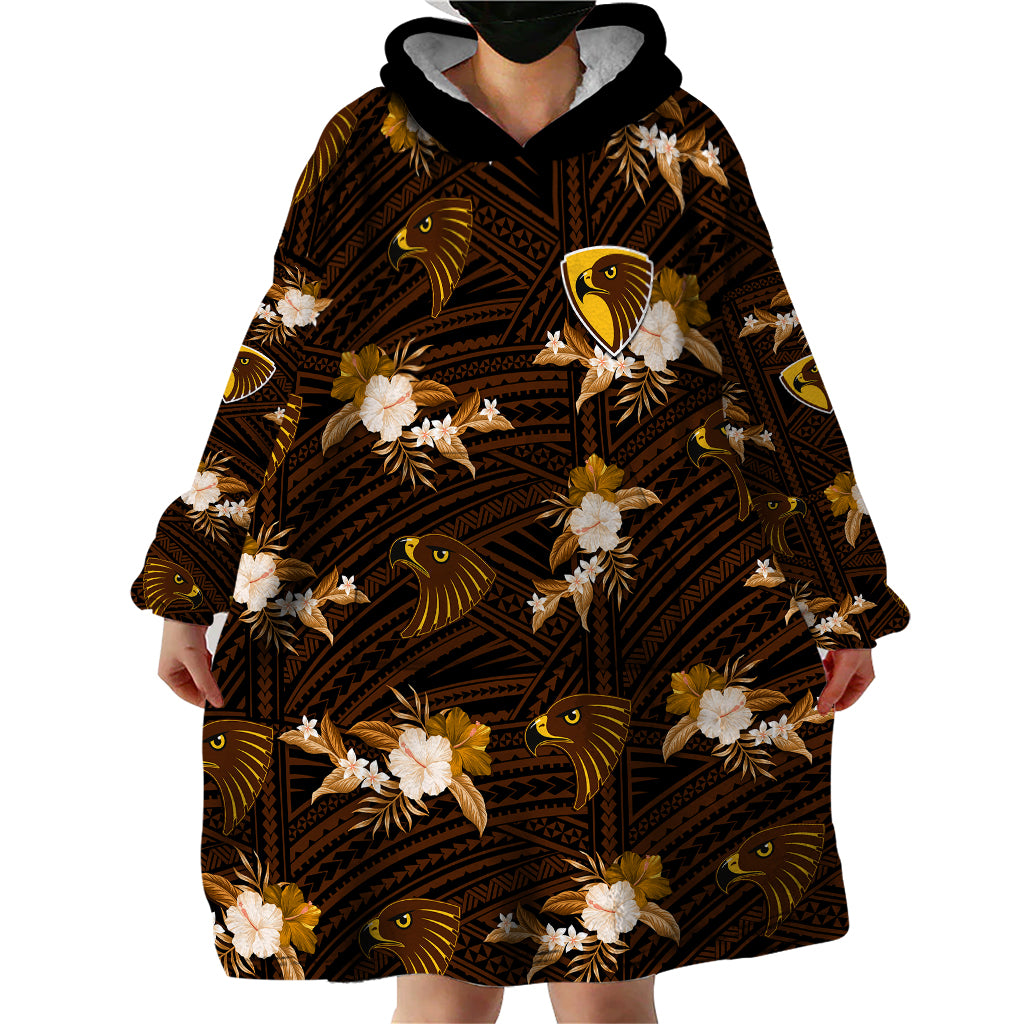 custom-text-and-number-hawthorn-football-wearable-blanket-hoodie-hawks-polynesian-tribal-mix-tropical-hawaiian-style