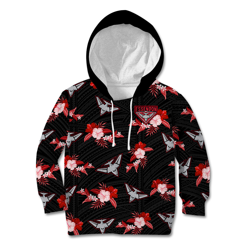 custom-text-and-number-essendon-football-kid-hoodie-bombers-polynesian-tribal-mix-tropical-hawaiian-style