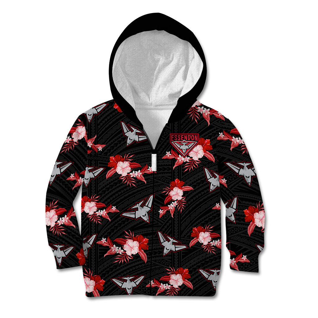 custom-text-and-number-essendon-football-kid-hoodie-bombers-polynesian-tribal-mix-tropical-hawaiian-style