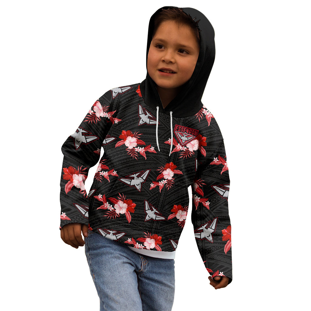 custom-text-and-number-essendon-football-kid-hoodie-bombers-polynesian-tribal-mix-tropical-hawaiian-style