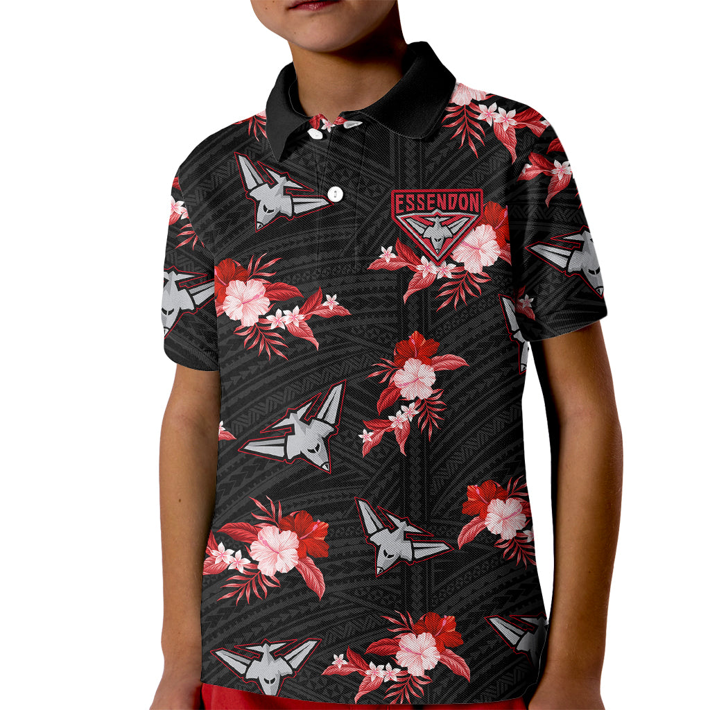 custom-text-and-number-essendon-football-kid-polo-shirt-bombers-polynesian-tribal-mix-tropical-hawaiian-style