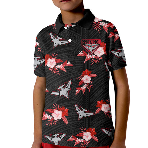 custom-text-and-number-essendon-football-kid-polo-shirt-bombers-polynesian-tribal-mix-tropical-hawaiian-style