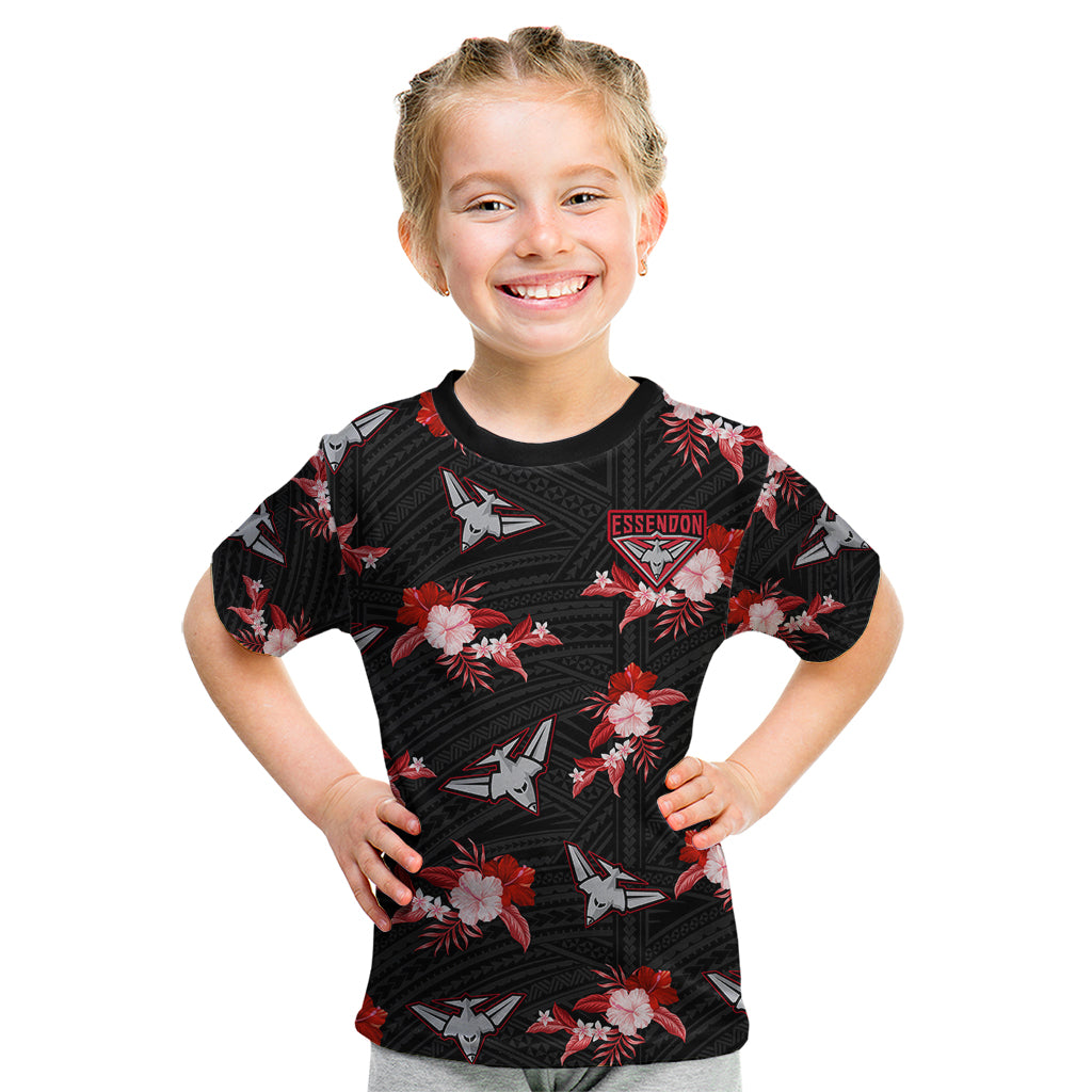 custom-text-and-number-essendon-football-kid-t-shirt-bombers-polynesian-tribal-mix-tropical-hawaiian-style