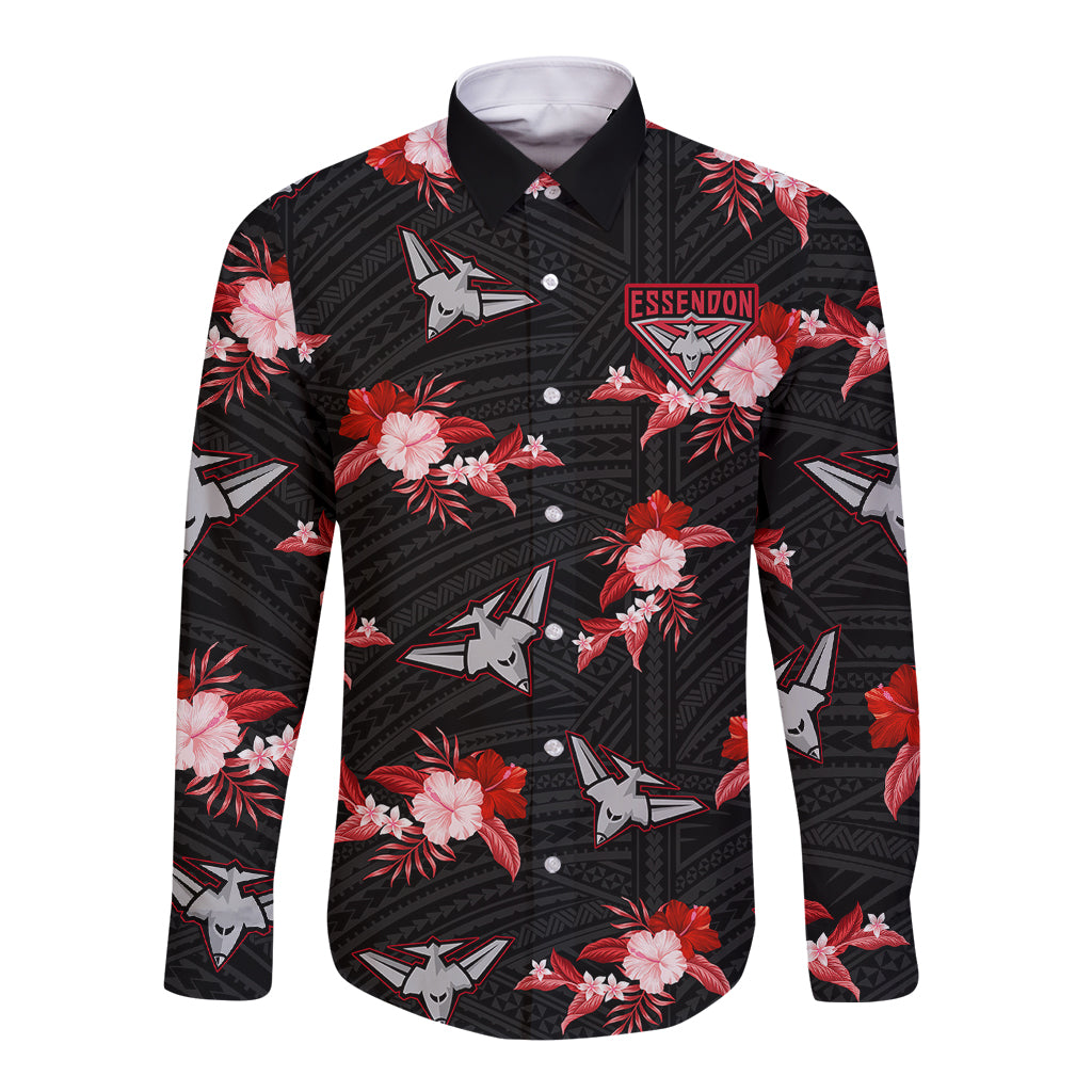 custom-text-and-number-essendon-football-long-sleeve-button-shirt-bombers-polynesian-tribal-mix-tropical-hawaiian-style