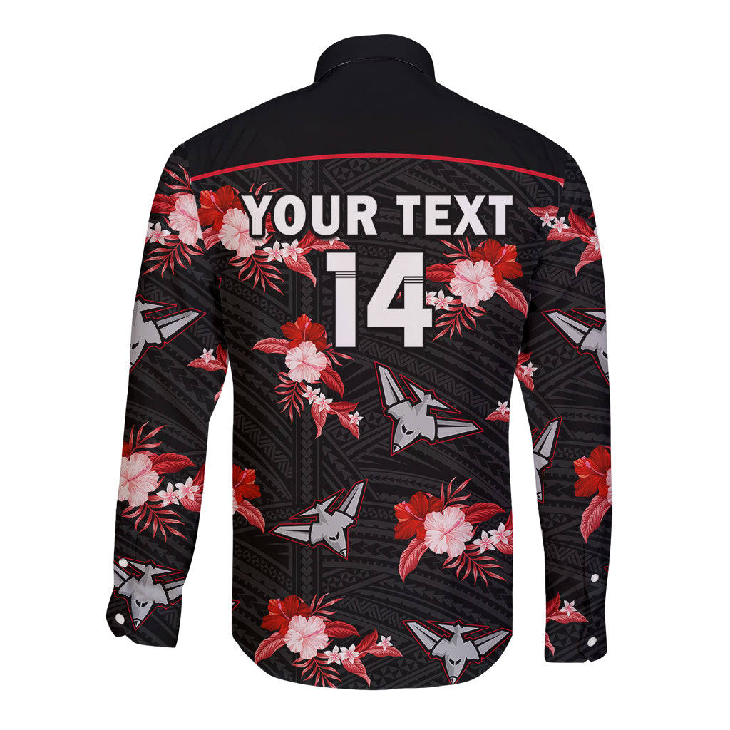 custom-text-and-number-essendon-football-long-sleeve-button-shirt-bombers-polynesian-tribal-mix-tropical-hawaiian-style