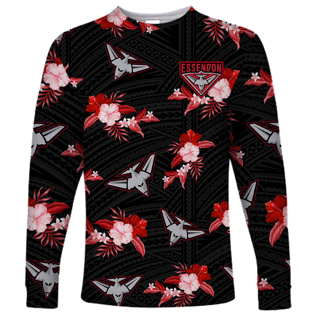 custom-text-and-number-essendon-football-long-sleeve-shirt-bombers-polynesian-tribal-mix-tropical-hawaiian-style