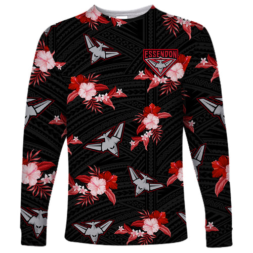 custom-text-and-number-essendon-football-long-sleeve-shirt-bombers-polynesian-tribal-mix-tropical-hawaiian-style