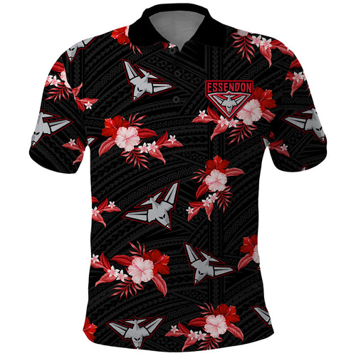 custom-text-and-number-essendon-football-polo-shirt-bombers-polynesian-tribal-mix-tropical-hawaiian-style