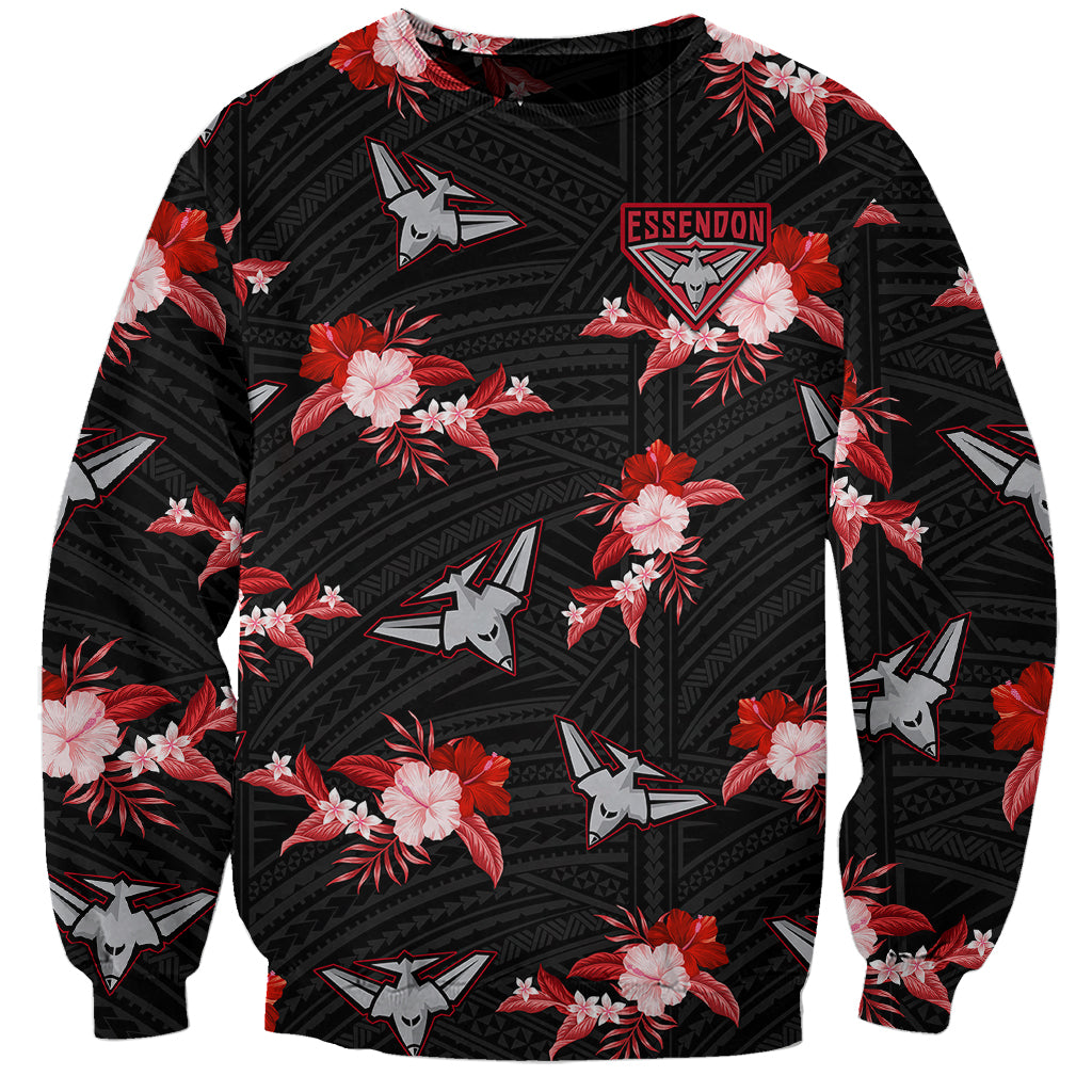 custom-text-and-number-essendon-football-sweatshirt-bombers-polynesian-tribal-mix-tropical-hawaiian-style