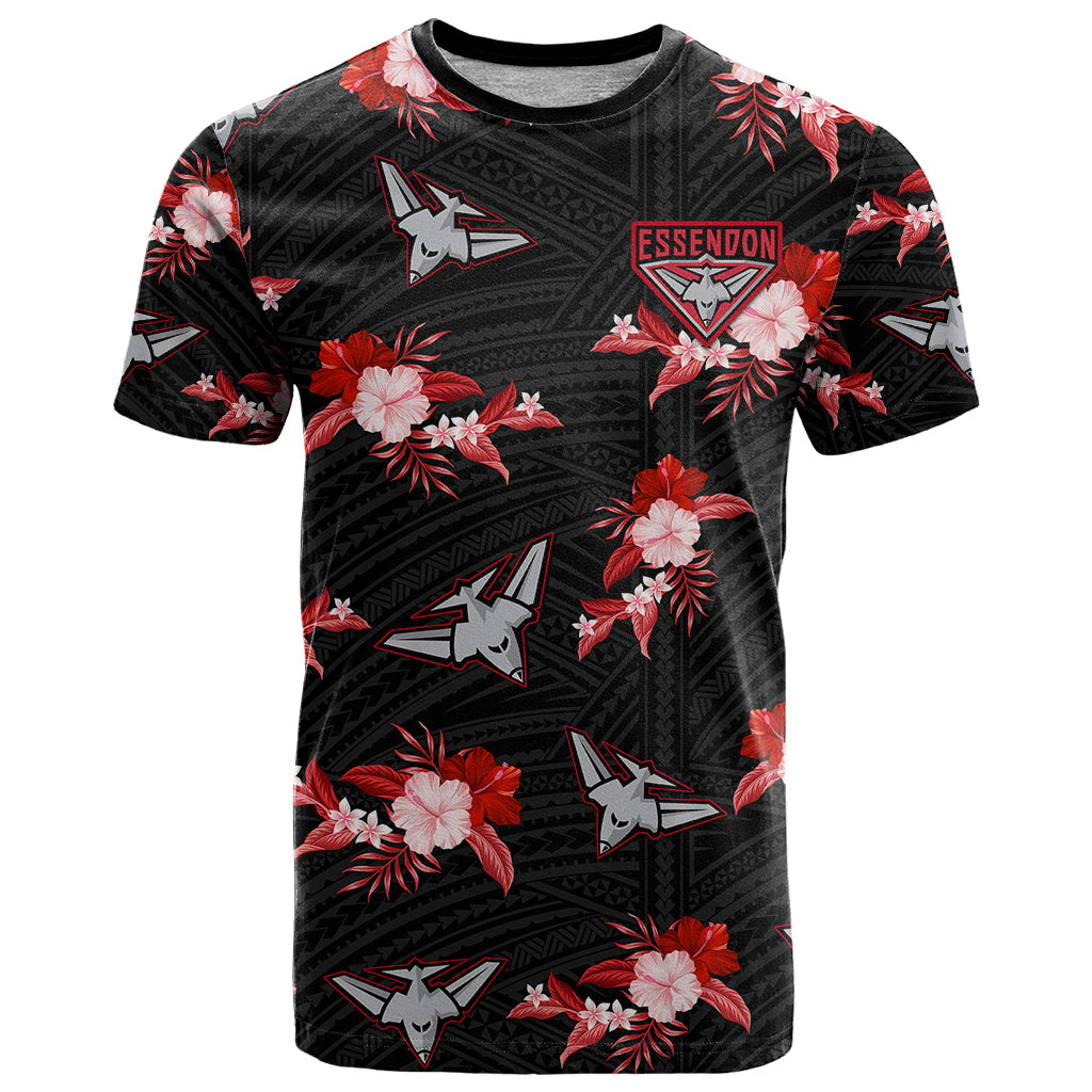 custom-text-and-number-essendon-football-t-shirt-bombers-polynesian-tribal-mix-tropical-hawaiian-style