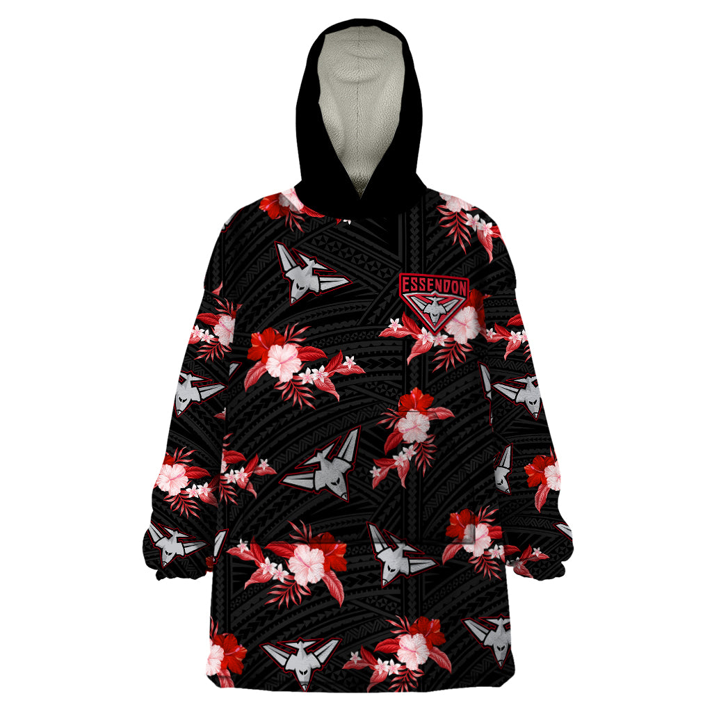 custom-text-and-number-essendon-football-wearable-blanket-hoodie-bombers-polynesian-tribal-mix-tropical-hawaiian-style