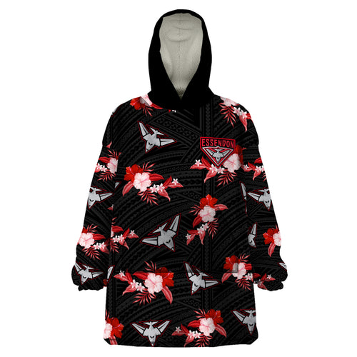 custom-text-and-number-essendon-football-wearable-blanket-hoodie-bombers-polynesian-tribal-mix-tropical-hawaiian-style