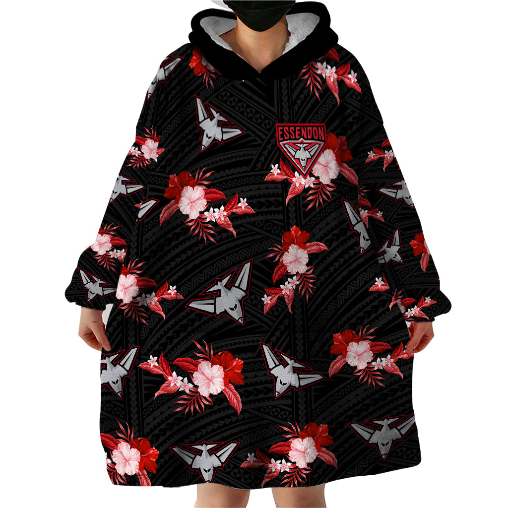 custom-text-and-number-essendon-football-wearable-blanket-hoodie-bombers-polynesian-tribal-mix-tropical-hawaiian-style