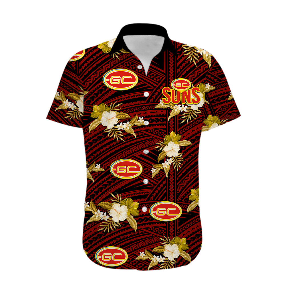 custom-text-and-number-gold-coast-football-hawaiian-shirt-suns-polynesian-tribal-mix-tropical-hawaiian-style
