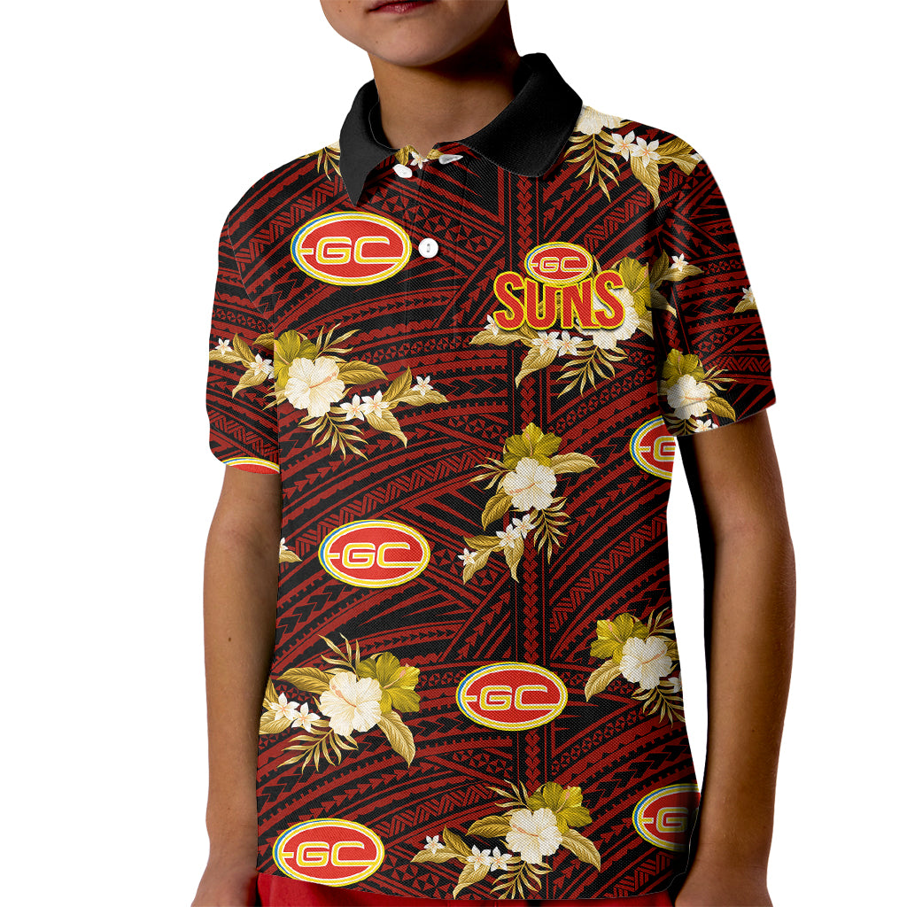 custom-text-and-number-gold-coast-football-kid-polo-shirt-suns-polynesian-tribal-mix-tropical-hawaiian-style