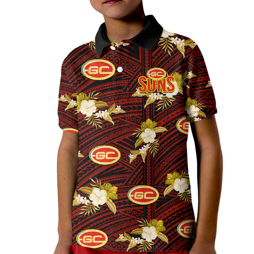 custom-text-and-number-gold-coast-football-kid-polo-shirt-suns-polynesian-tribal-mix-tropical-hawaiian-style