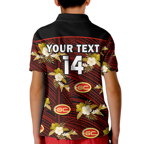 custom-text-and-number-gold-coast-football-kid-polo-shirt-suns-polynesian-tribal-mix-tropical-hawaiian-style