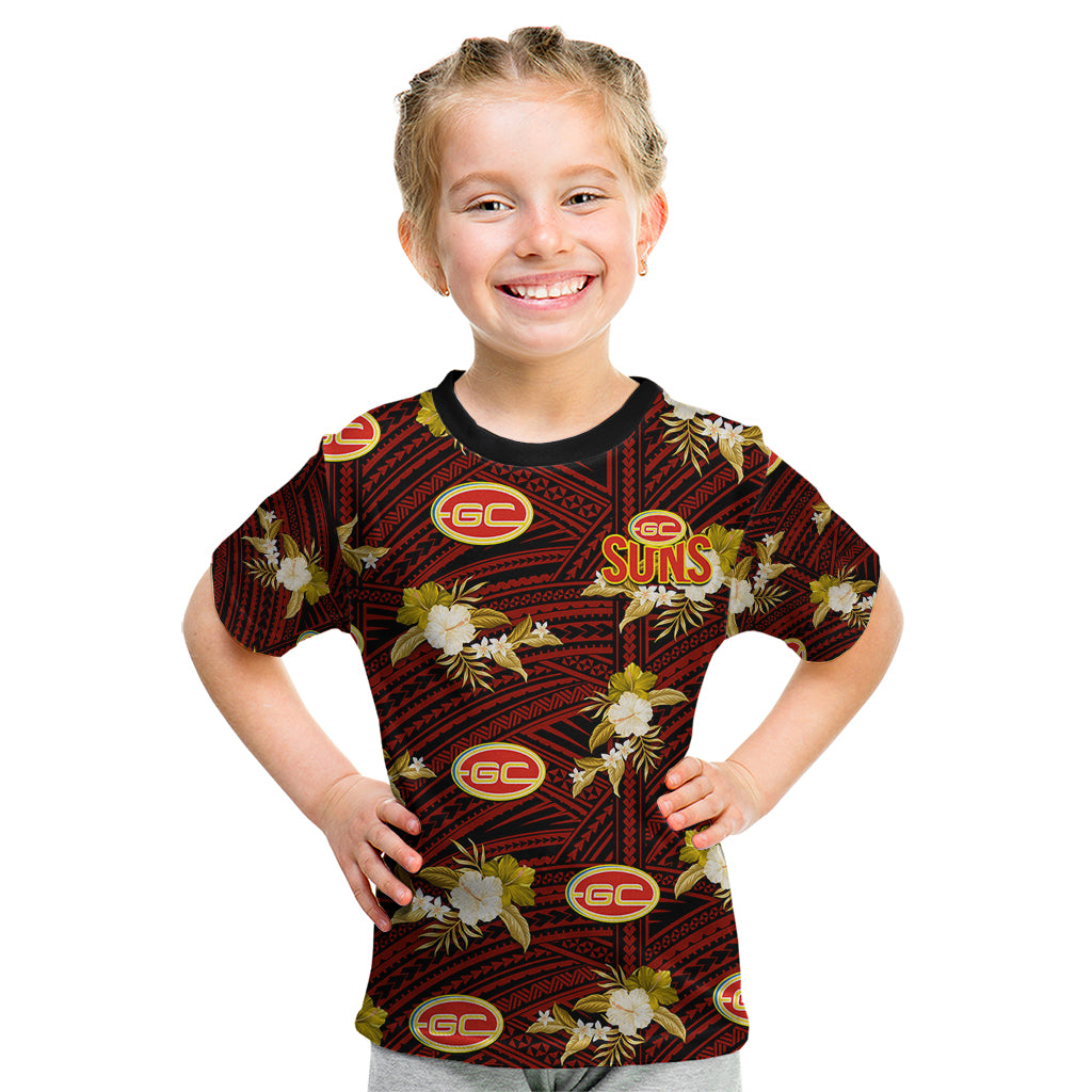 custom-text-and-number-gold-coast-football-kid-t-shirt-suns-polynesian-tribal-mix-tropical-hawaiian-style