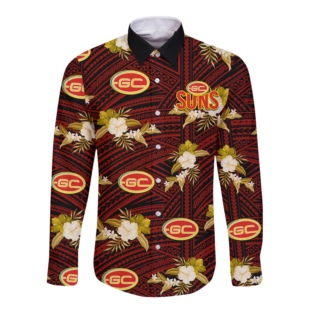 custom-text-and-number-gold-coast-football-long-sleeve-button-shirt-suns-polynesian-tribal-mix-tropical-hawaiian-style