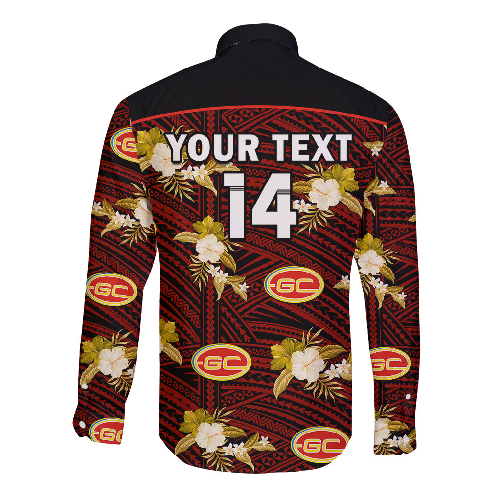 custom-text-and-number-gold-coast-football-long-sleeve-button-shirt-suns-polynesian-tribal-mix-tropical-hawaiian-style