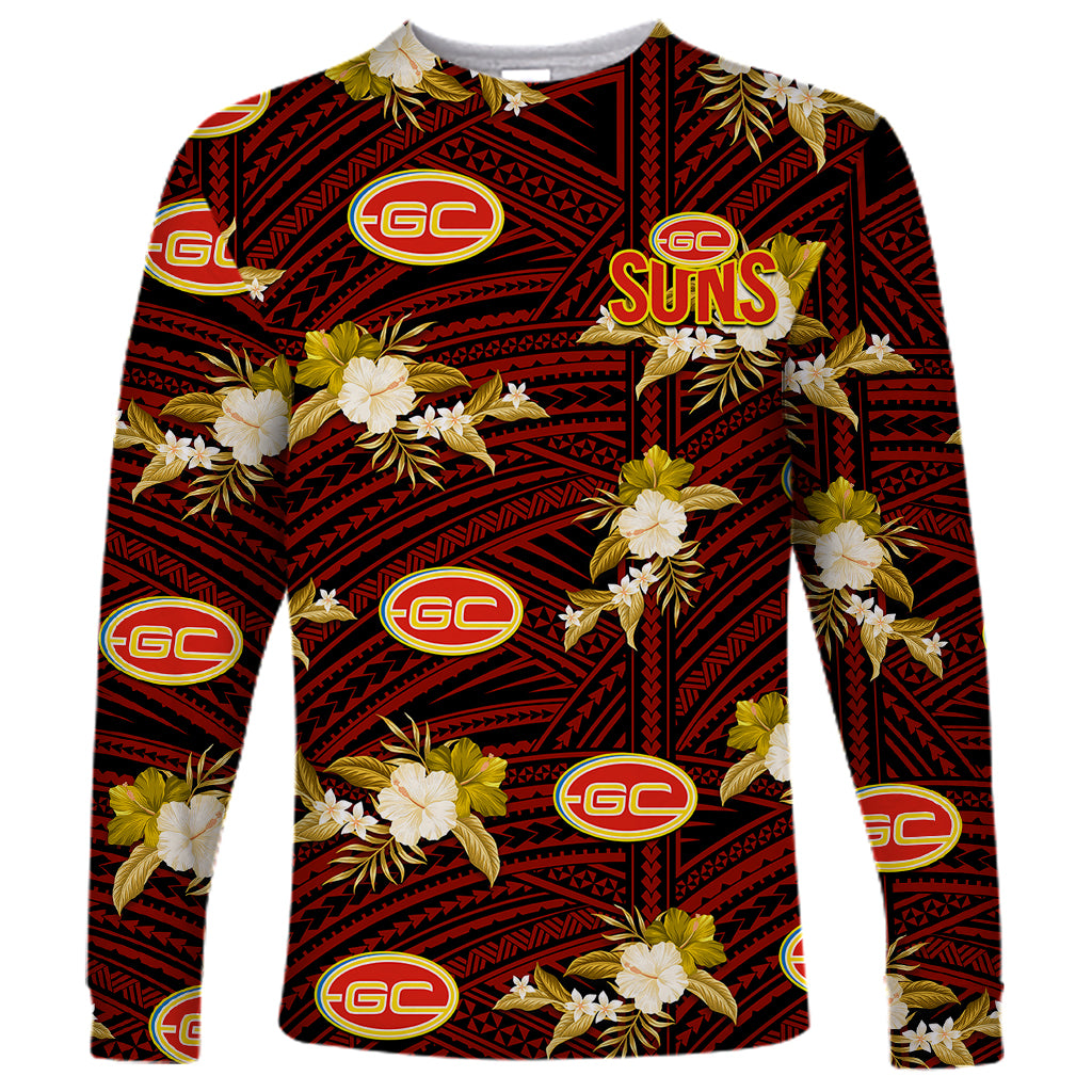 custom-text-and-number-gold-coast-football-long-sleeve-shirt-suns-polynesian-tribal-mix-tropical-hawaiian-style