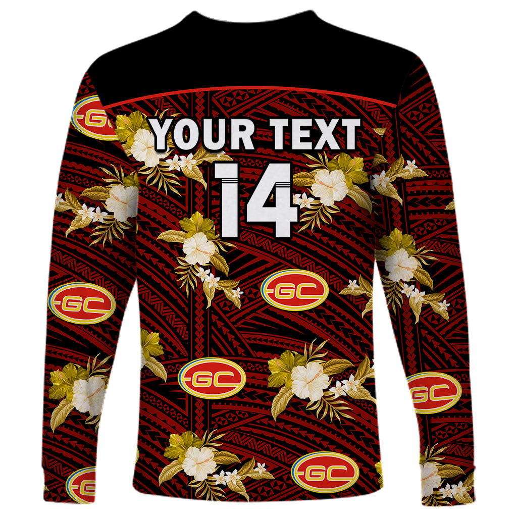 custom-text-and-number-gold-coast-football-long-sleeve-shirt-suns-polynesian-tribal-mix-tropical-hawaiian-style