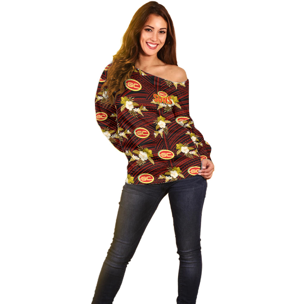custom-text-and-number-gold-coast-football-off-shoulder-sweater-suns-polynesian-tribal-mix-tropical-hawaiian-style