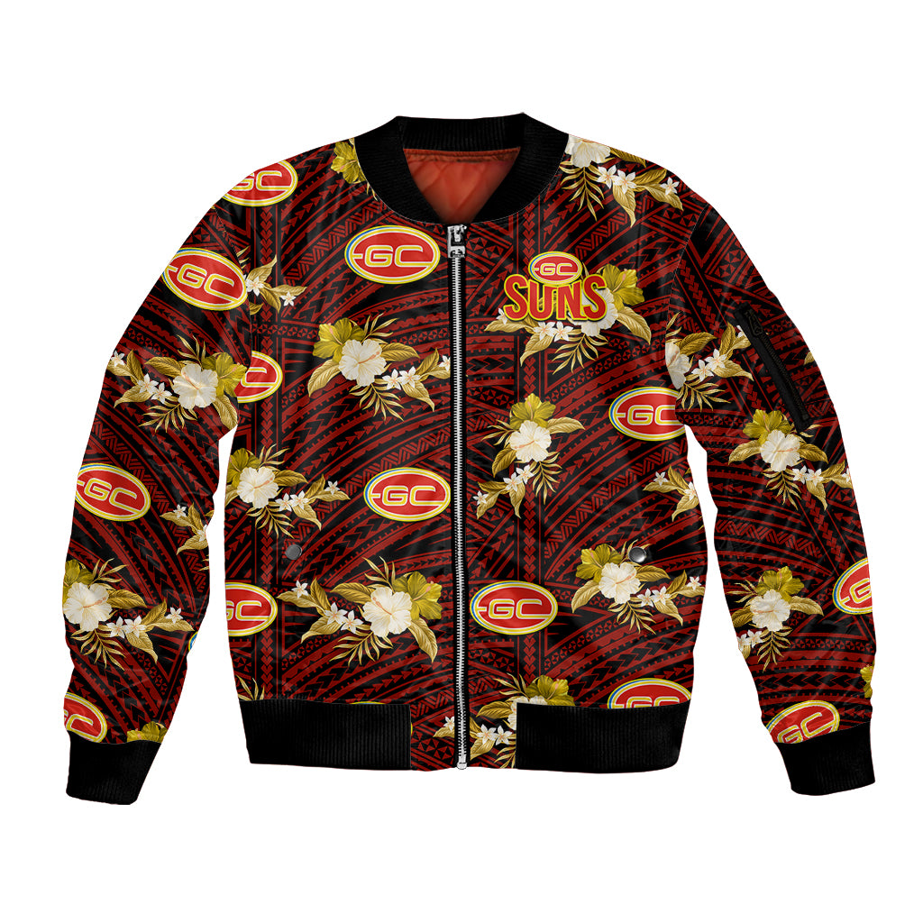 custom-text-and-number-gold-coast-football-sleeve-zip-bomber-jacket-suns-polynesian-tribal-mix-tropical-hawaiian-style
