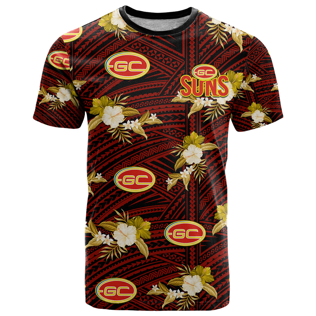 custom-text-and-number-gold-coast-football-t-shirt-suns-polynesian-tribal-mix-tropical-hawaiian-style