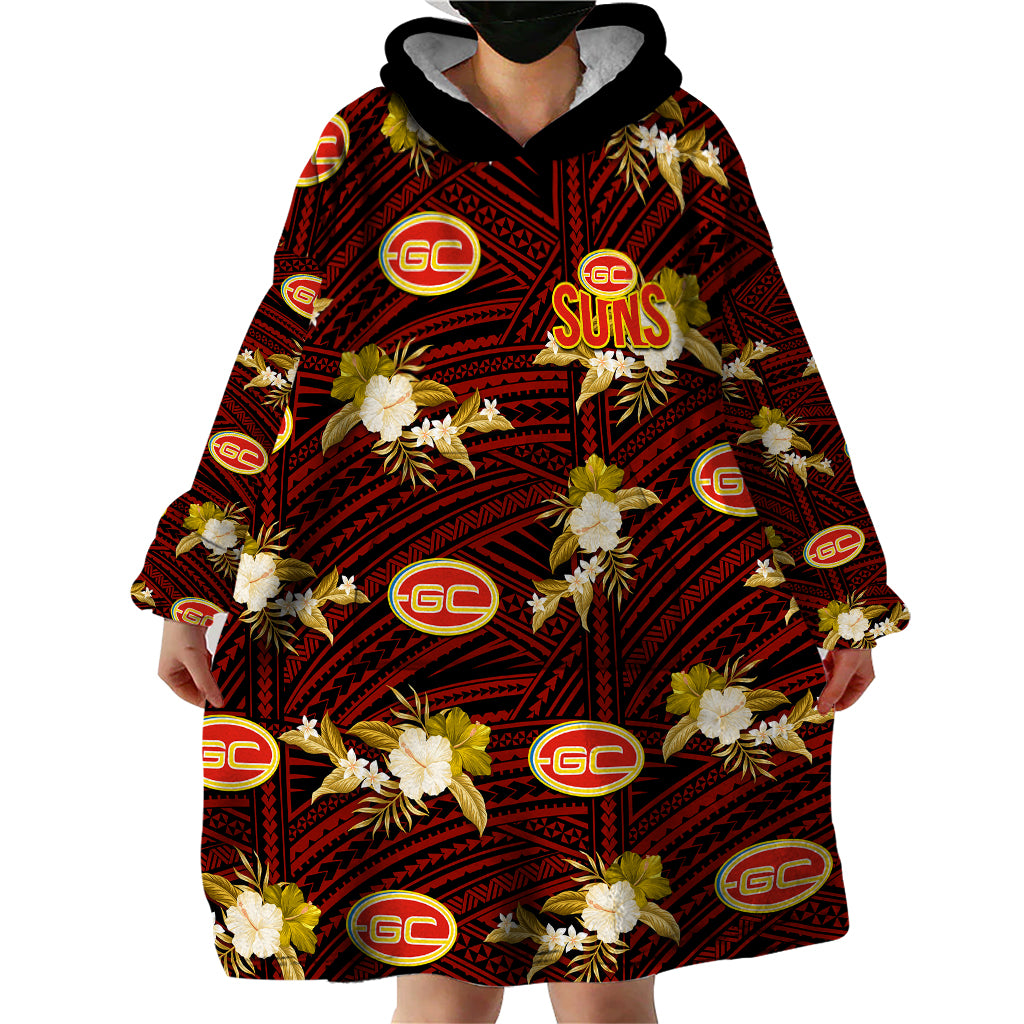 custom-text-and-number-gold-coast-football-wearable-blanket-hoodie-suns-polynesian-tribal-mix-tropical-hawaiian-style