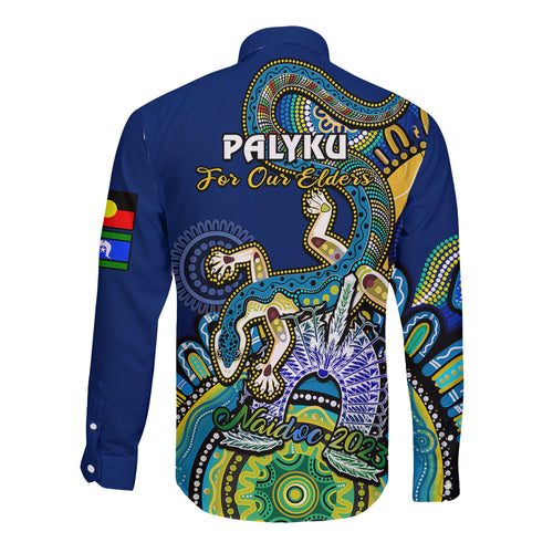 australia-naidoc-2023-long-sleeve-button-shirt-palyku-indigenous-lizard-for-our-elders
