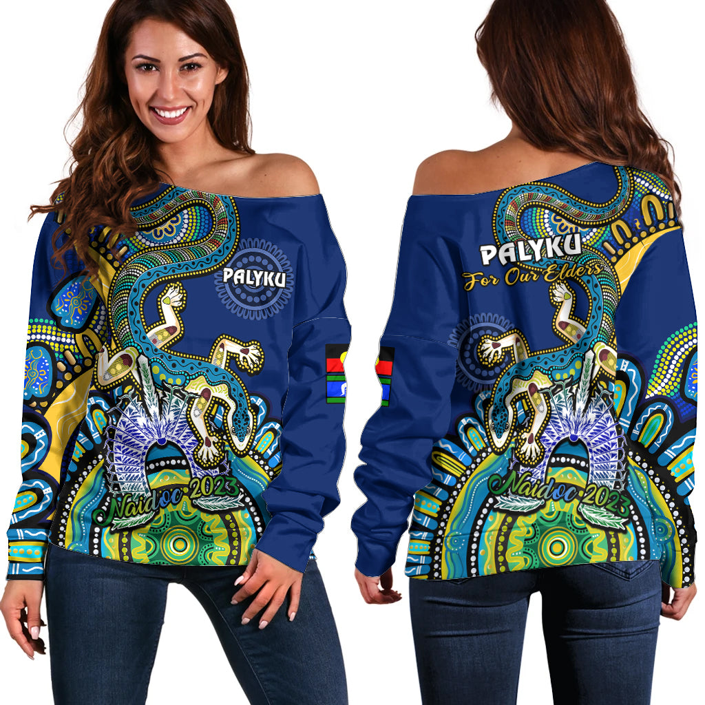 australia-naidoc-2023-off-shoulder-sweater-palyku-indigenous-lizard-for-our-elders