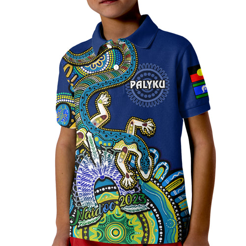 custom-text-and-number-australia-naidoc-2023-kid-polo-shirt-palyku-indigenous-lizard-for-our-elders