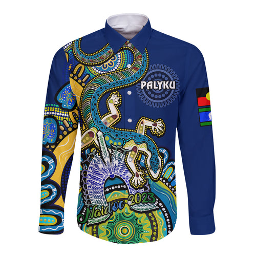 custom-text-and-number-australia-naidoc-2023-long-sleeve-button-shirt-palyku-indigenous-lizard-for-our-elders