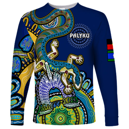 custom-text-and-number-australia-naidoc-2023-long-sleeve-shirt-palyku-indigenous-lizard-for-our-elders