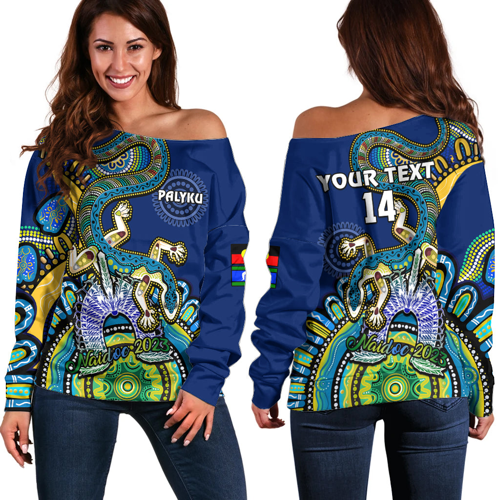 custom-text-and-number-australia-naidoc-2023-off-shoulder-sweater-palyku-indigenous-lizard-for-our-elders