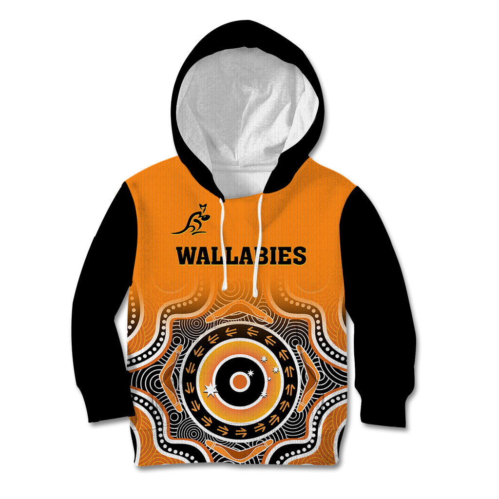 custom-text-and-number-wallabies-rugby-kid-hoodie-aussie-go-champions-indigenous-orange