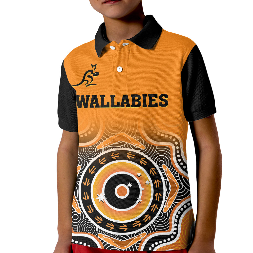 custom-text-and-number-wallabies-rugby-kid-polo-shirt-aussie-go-champions-indigenous-orange