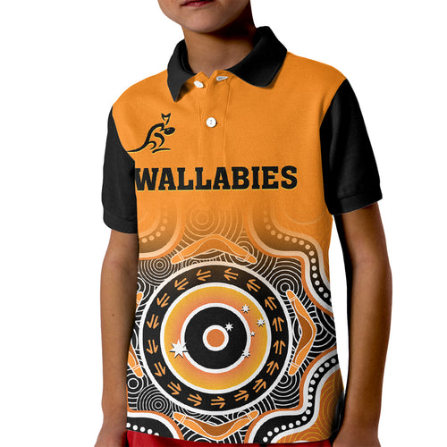 custom-text-and-number-wallabies-rugby-kid-polo-shirt-aussie-go-champions-indigenous-orange