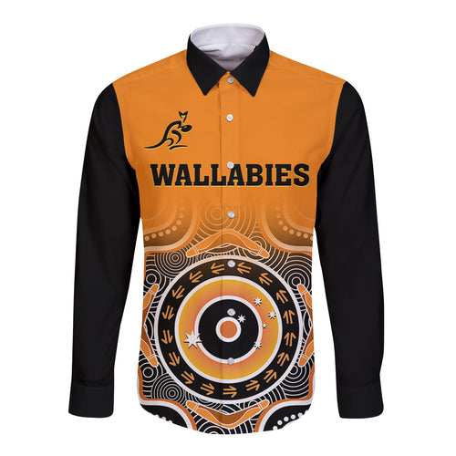 custom-text-and-number-wallabies-rugby-long-sleeve-button-shirt-aussie-go-champions-indigenous-orange