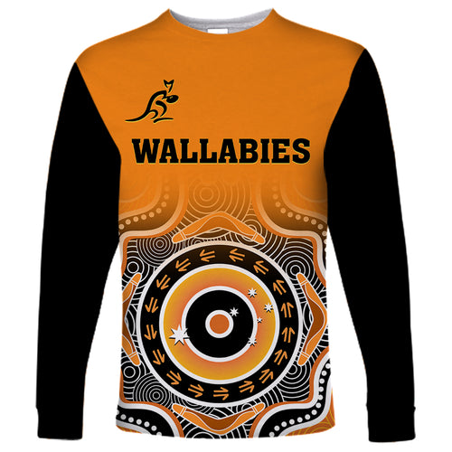 custom-text-and-number-wallabies-rugby-long-sleeve-shirt-aussie-go-champions-indigenous-orange