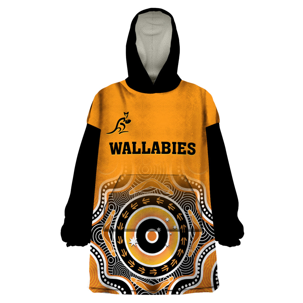 custom-text-and-number-wallabies-rugby-wearable-blanket-hoodie-aussie-go-champions-indigenous-orange