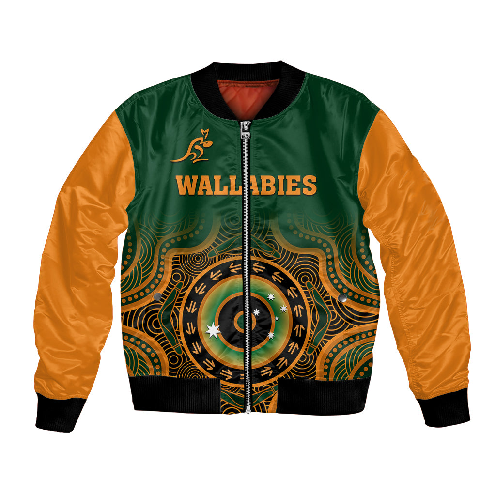 custom-text-and-number-wallabies-rugby-bomber-jacket-aussie-go-champions-indigenous-green