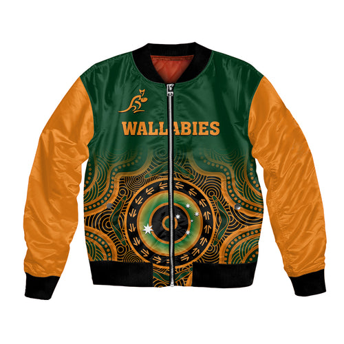 custom-text-and-number-wallabies-rugby-bomber-jacket-aussie-go-champions-indigenous-green