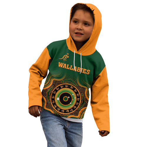 custom-text-and-number-wallabies-rugby-kid-hoodie-aussie-go-champions-indigenous-green