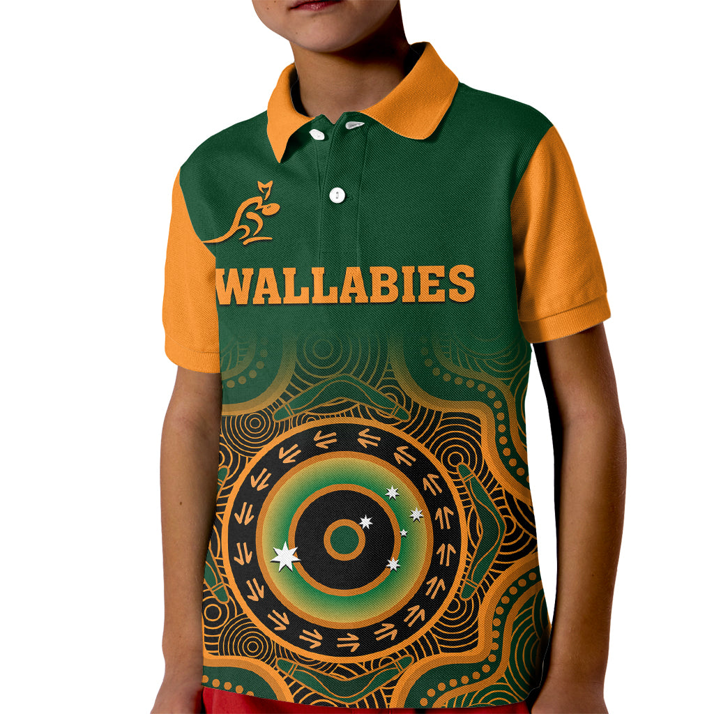 custom-text-and-number-wallabies-rugby-kid-polo-shirt-aussie-go-champions-indigenous-green