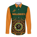 custom-text-and-number-wallabies-rugby-long-sleeve-button-shirt-aussie-go-champions-indigenous-green